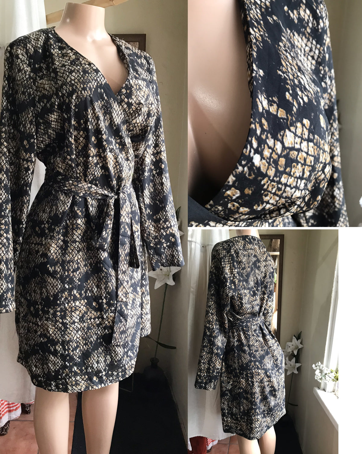 silky snakeskin sexy wrap dress long sleeve . /XL