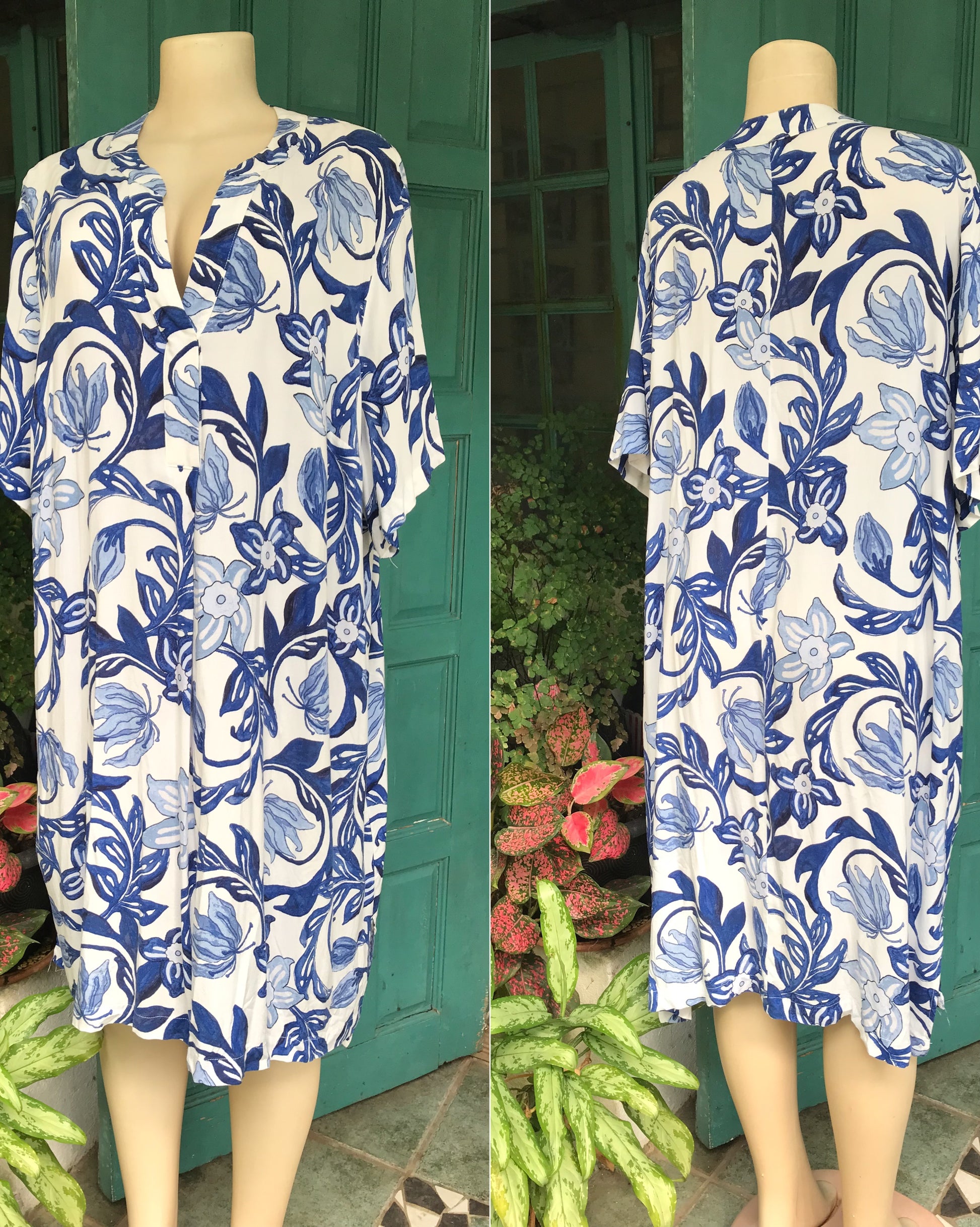 blue and white viscose shirt dress floral print XL