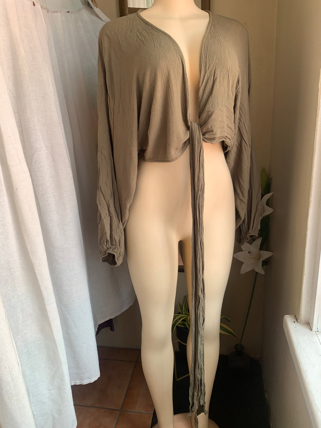 Cotton light olive tie long sleeve top … up to L