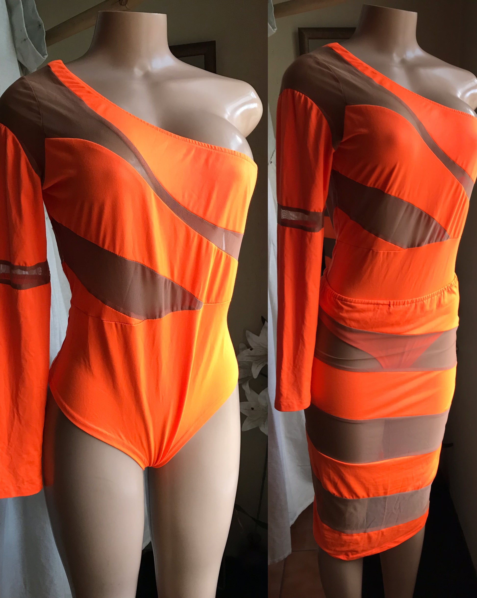 neon orange mesh bodysuit and skirt set . large
