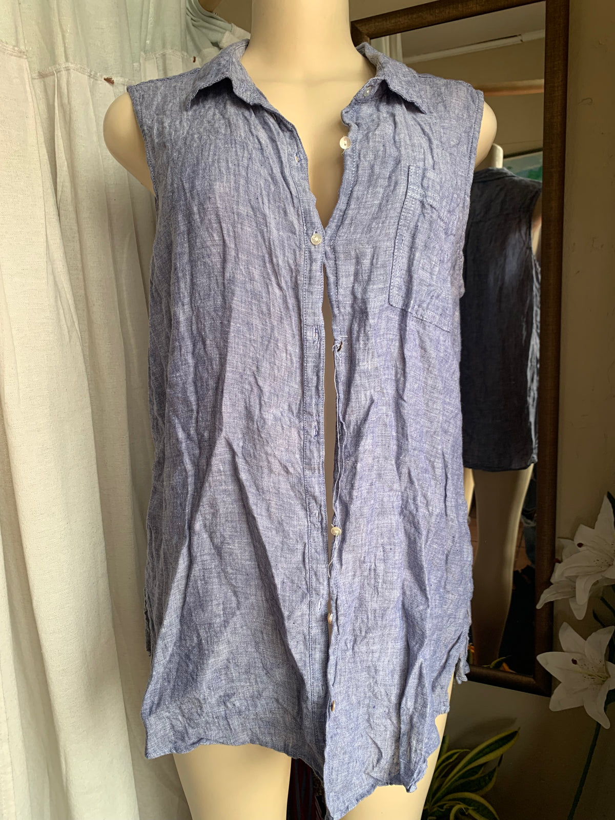 Linen sleeveless button down shirt navy blue … XL