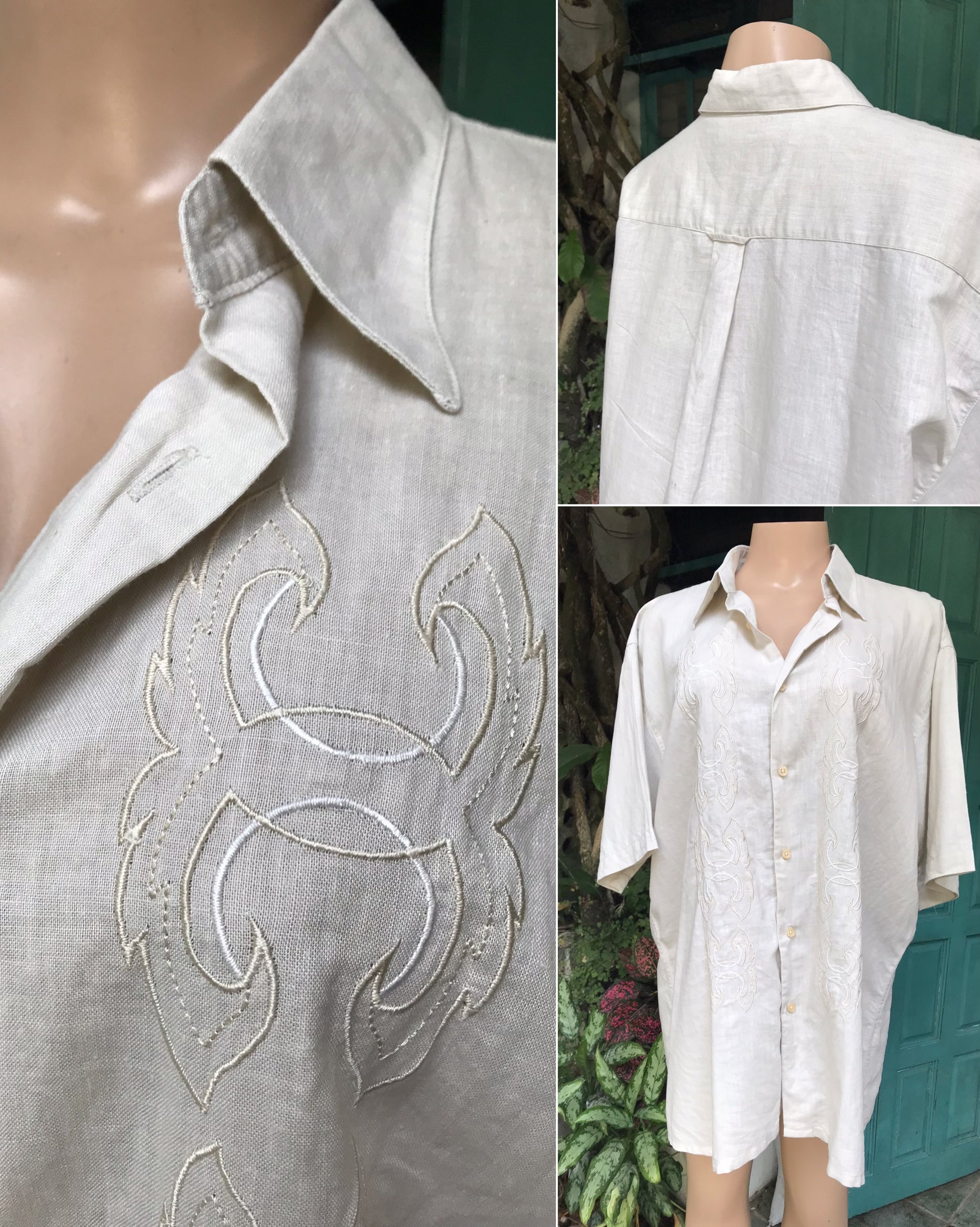 vintage sand mens linen embroidery detail shirt ... /xl : 2x ^^^
