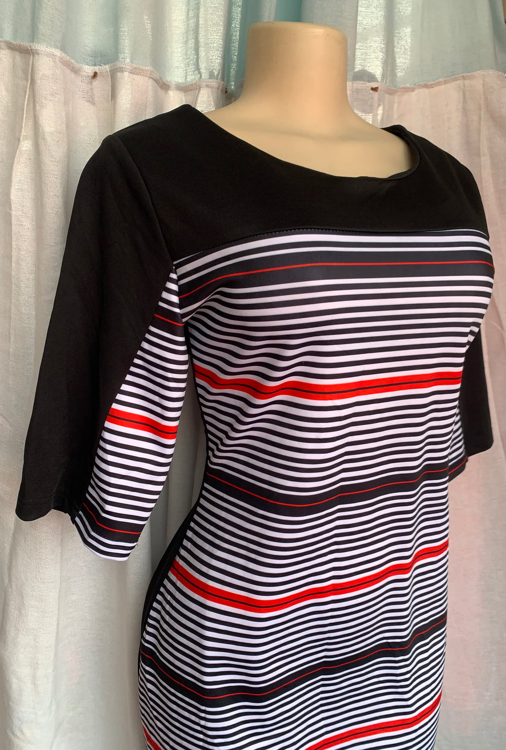 Black and White Striped professional Dress with red accents /XL