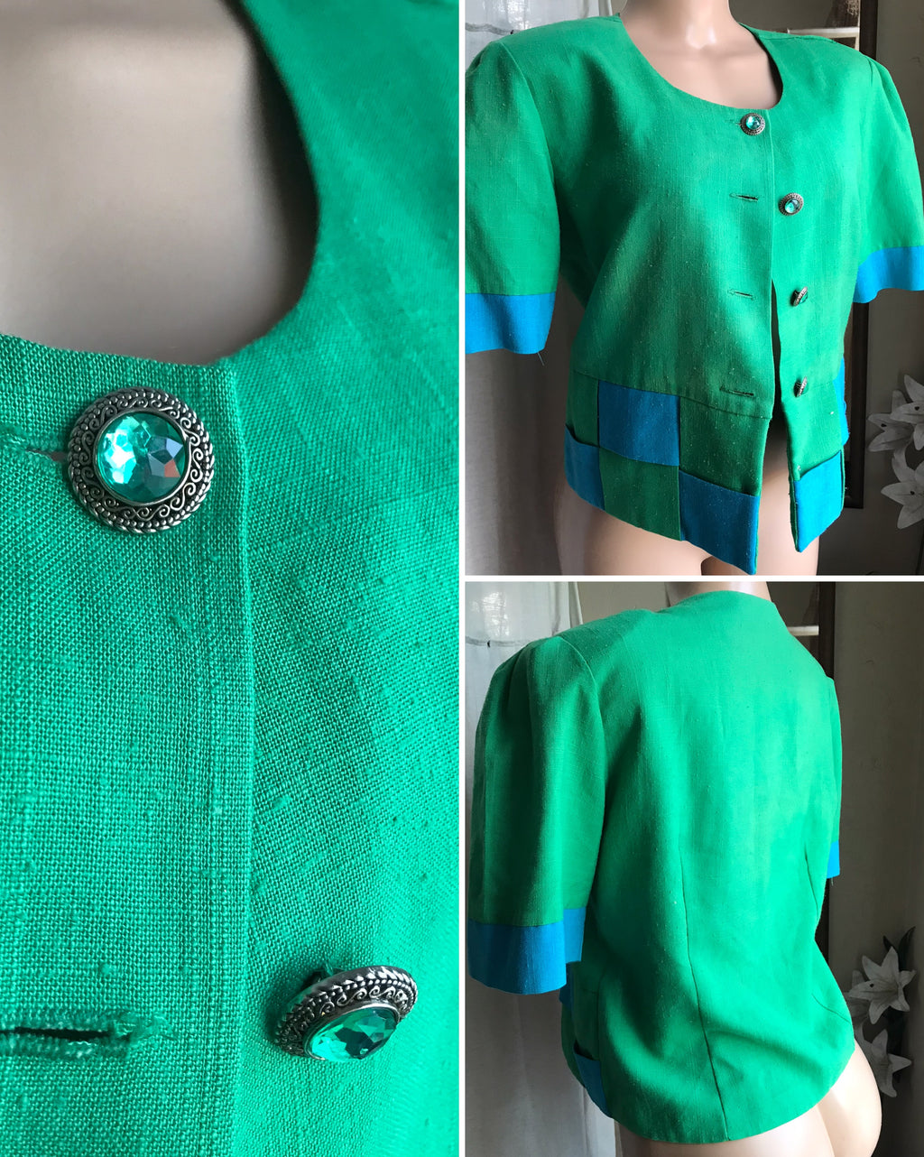vintage green linen checker detail blazer professional >>> M ,,,