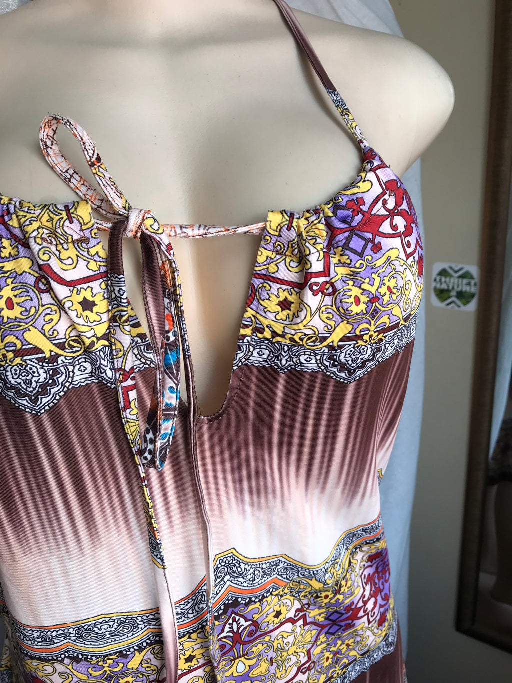 stretchy retro print brown halter dress /xl
