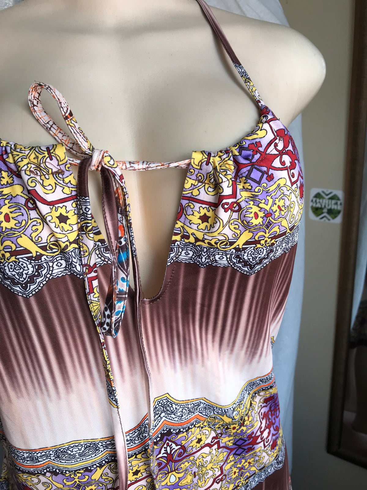 stretchy retro print brown halter dress /xl