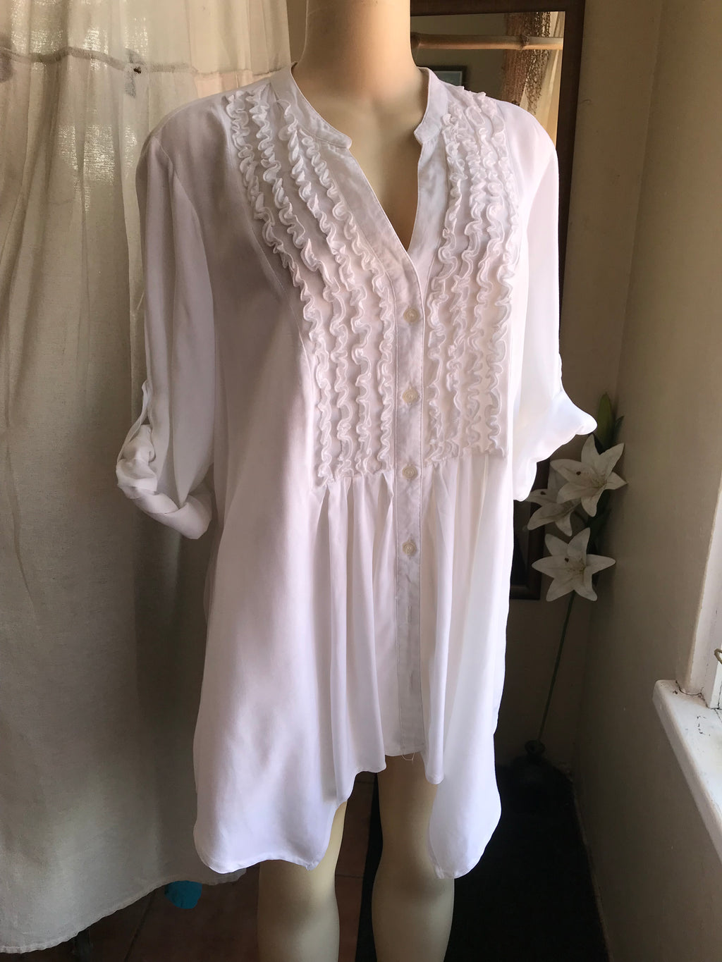 white organic ruffle blouse cuffed