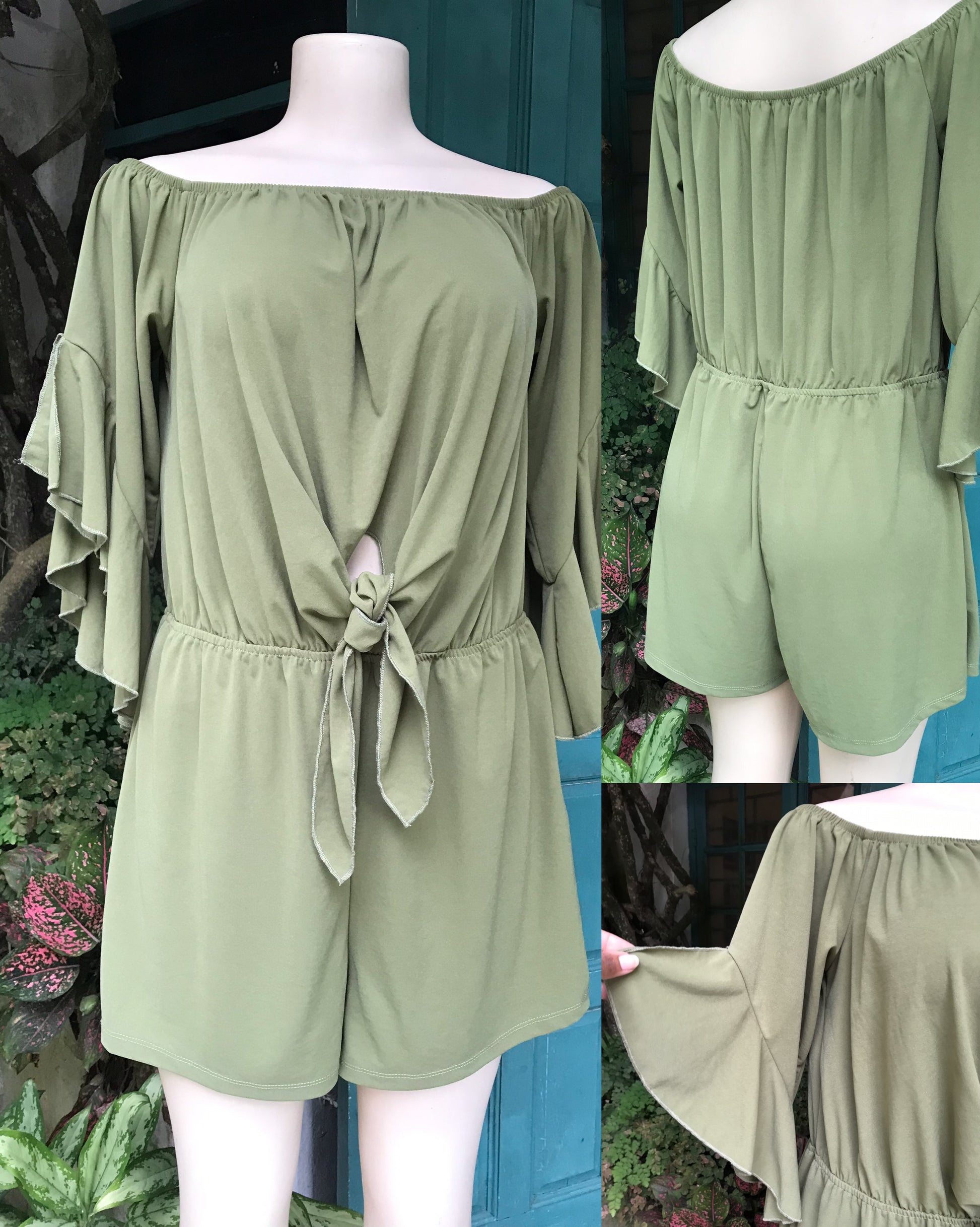 earth green bell sleeve romper with front tie ~~~ /XL