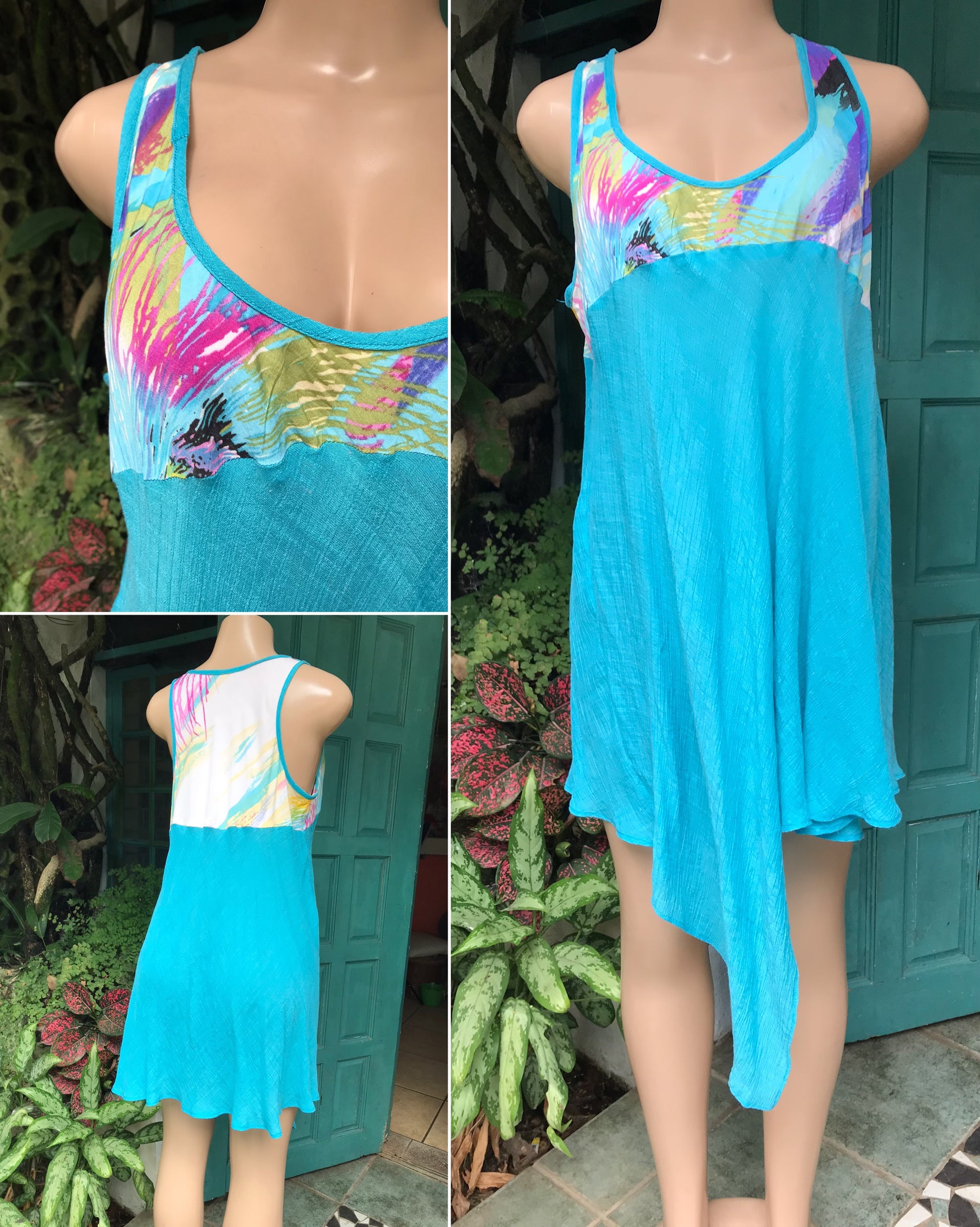 organic coral blue retro made in jamaica sleeveless abstract print dress ,,, M/L