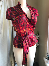 Load image into Gallery viewer, Ann Taylor red print silky professional wrap blouse frill... Mlll
