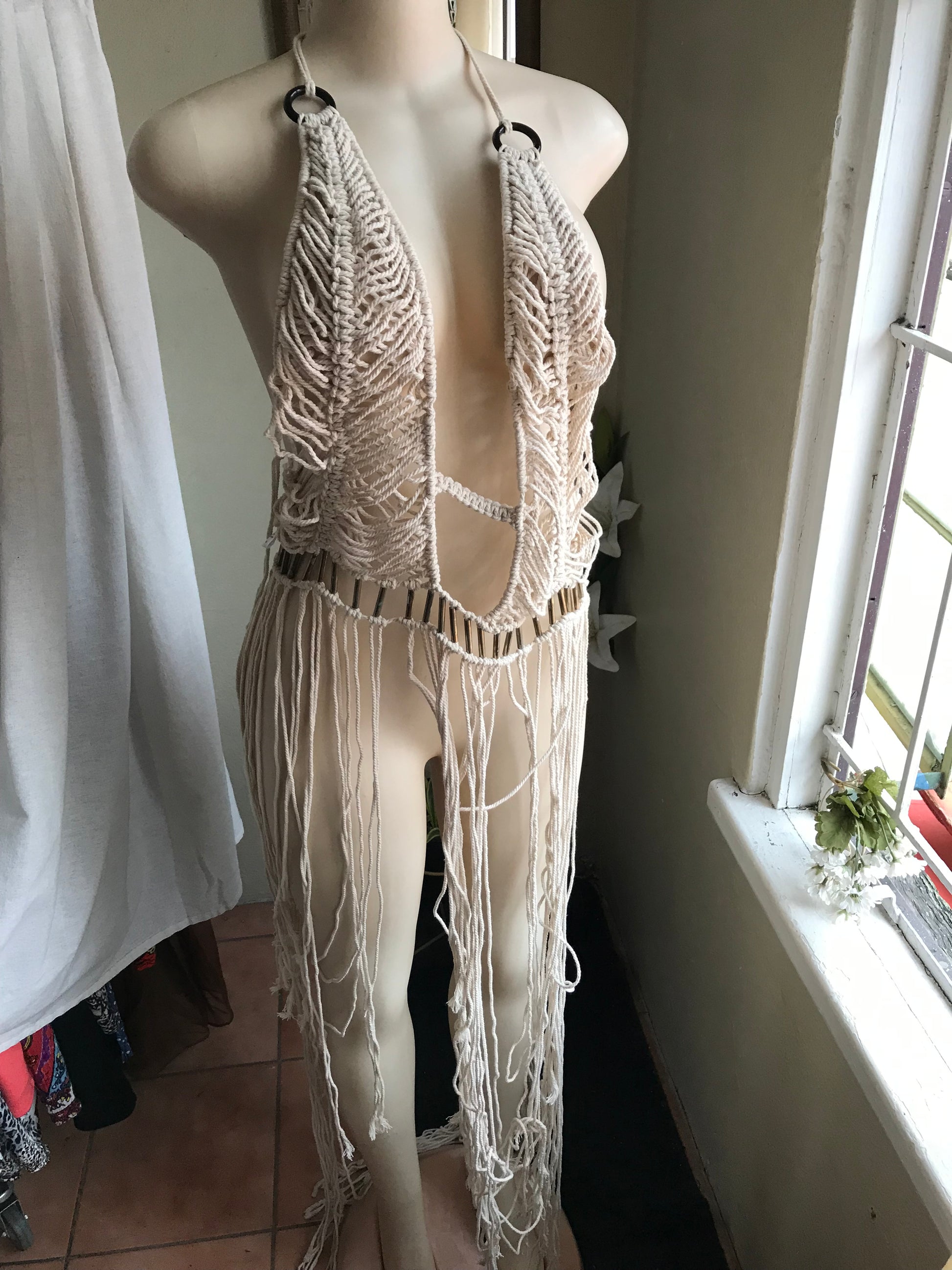 macrame rope swim coverup extra long metal detail