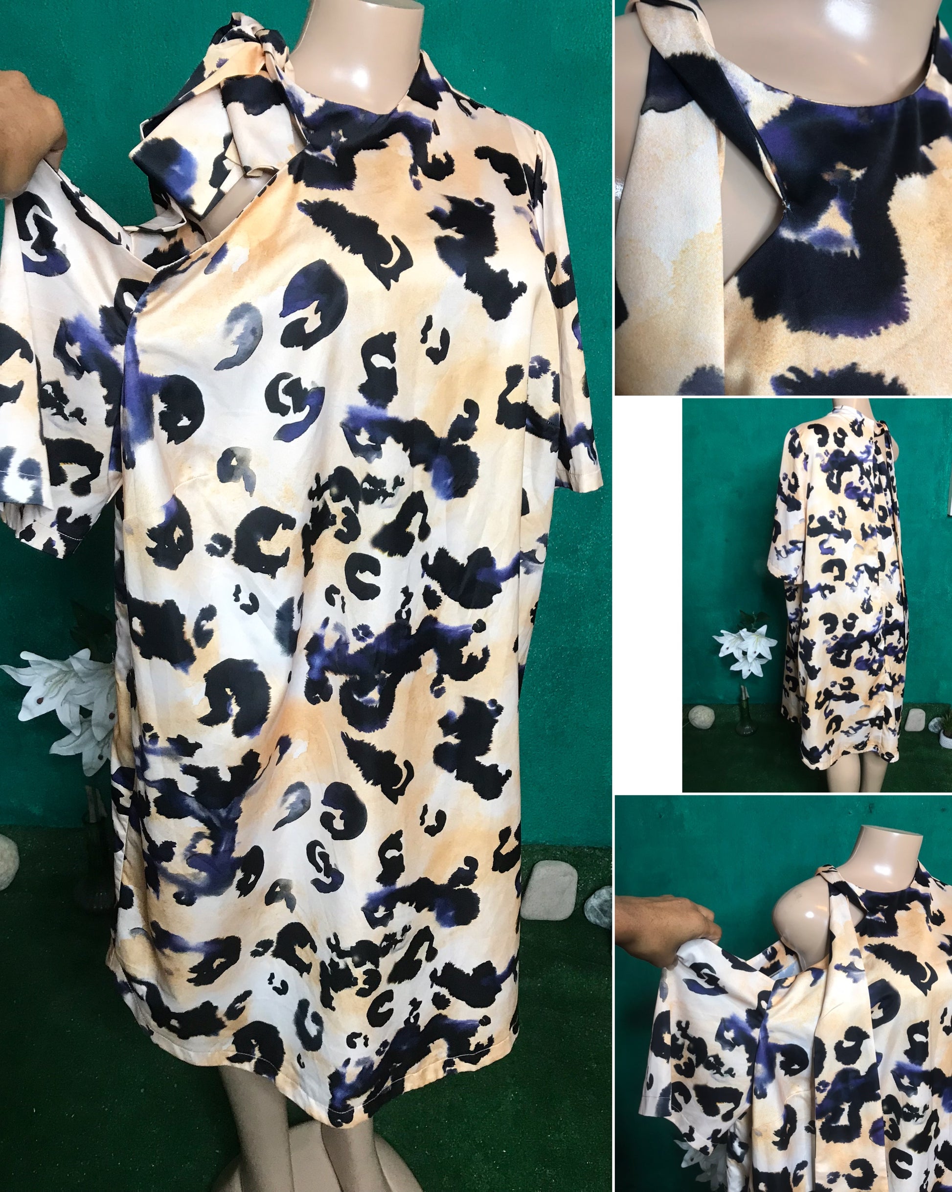 cream silky tied shoulder semi formal tunic dress animal print. plus: 2x