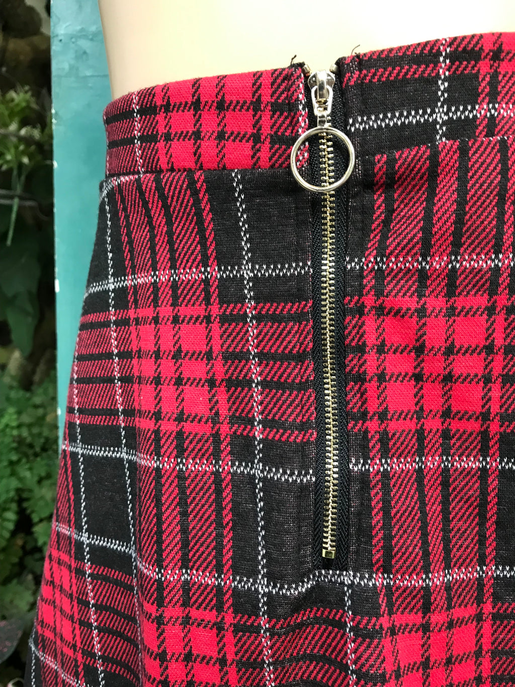 90s style Red tartan a line skirt zip /XL
