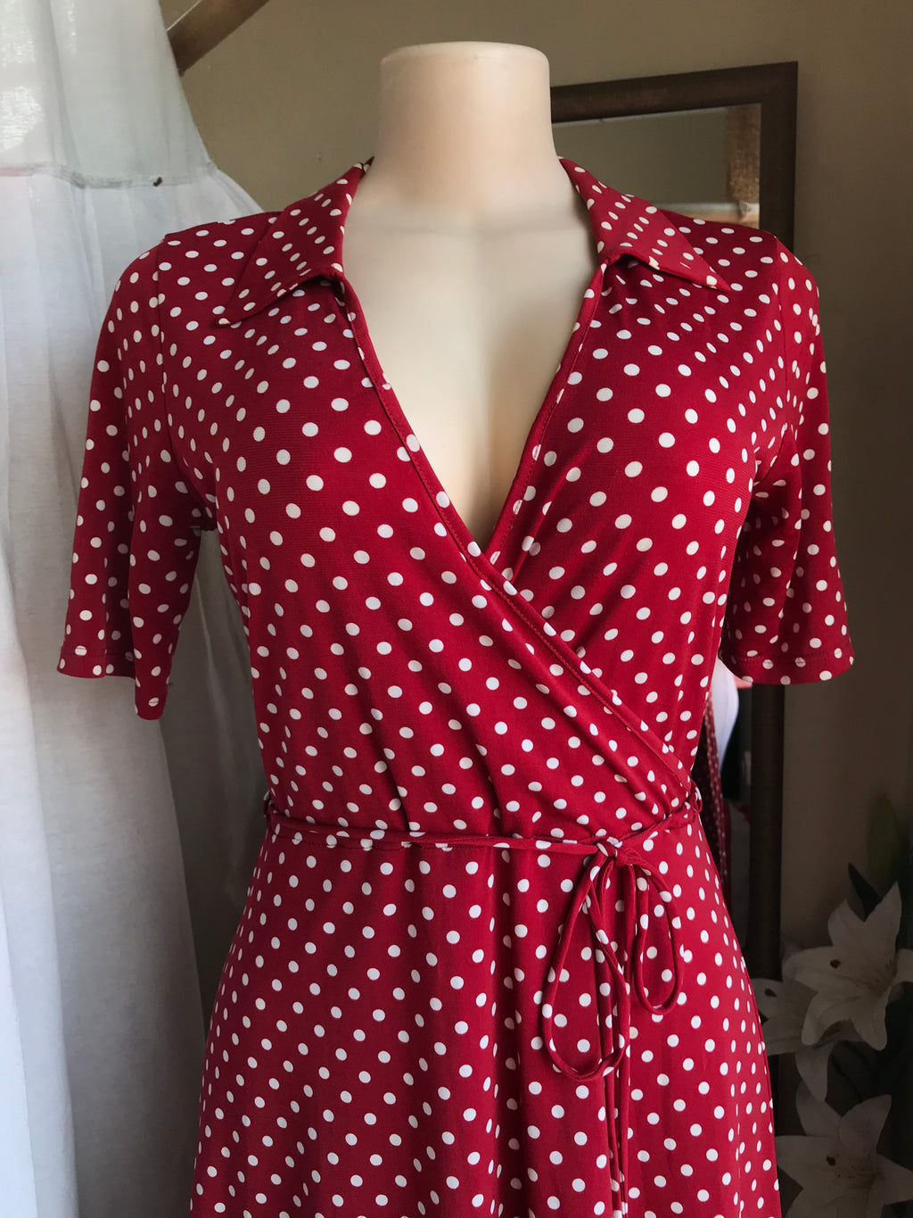 Retro style red polka dot wrap dress M