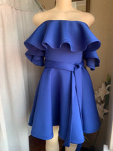 Load image into Gallery viewer, Off the shoulder Royal blue statement dress with belt S/M
