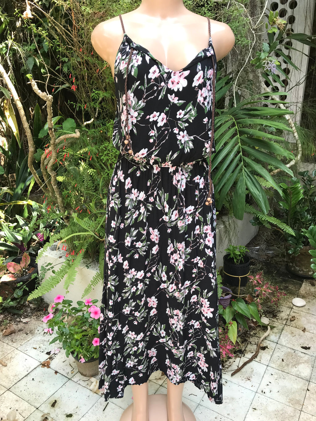 black floral sunday maxi dress with leather straps  . s to m