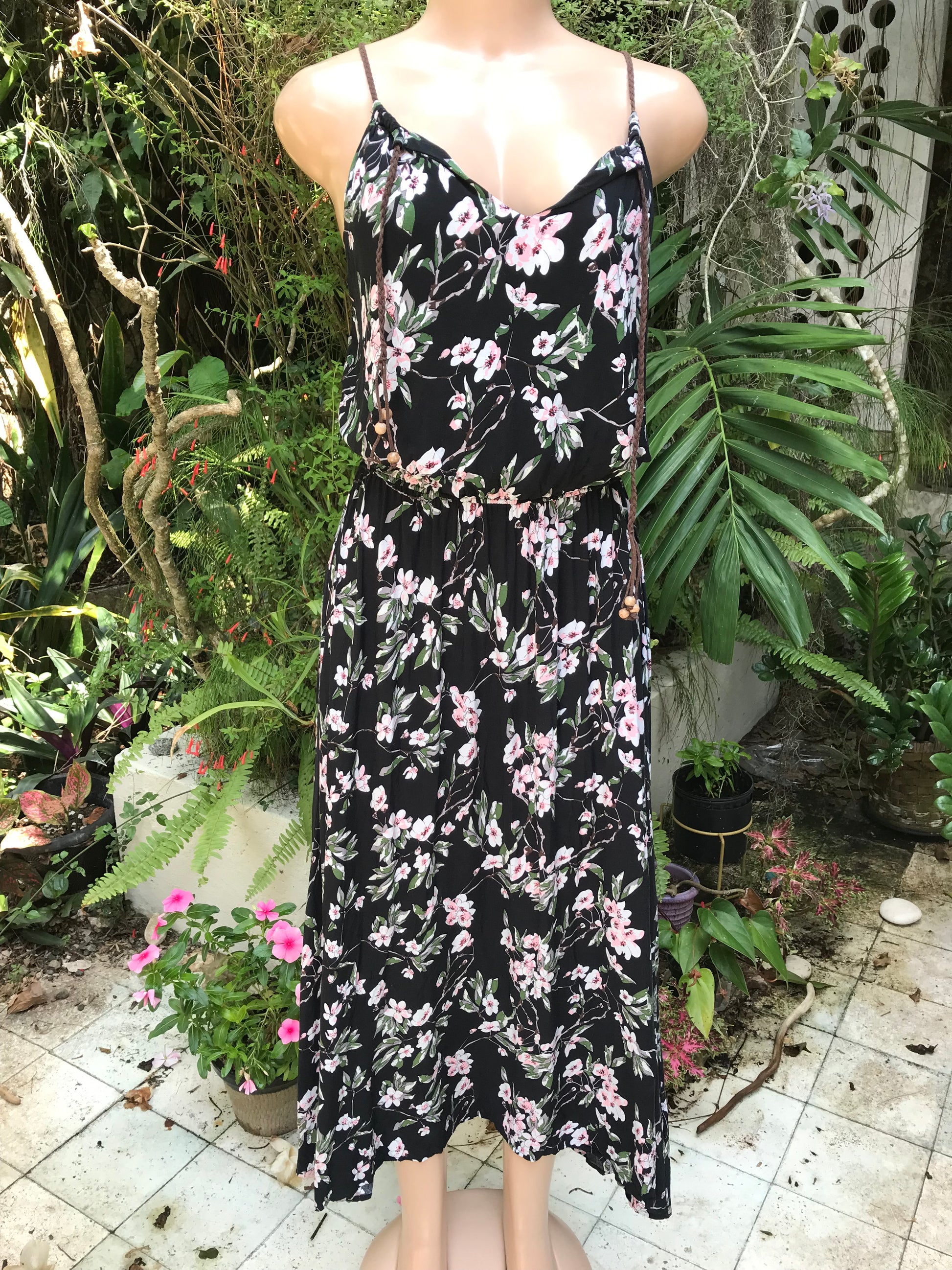black floral sunday maxi dress with leather straps  . s to m