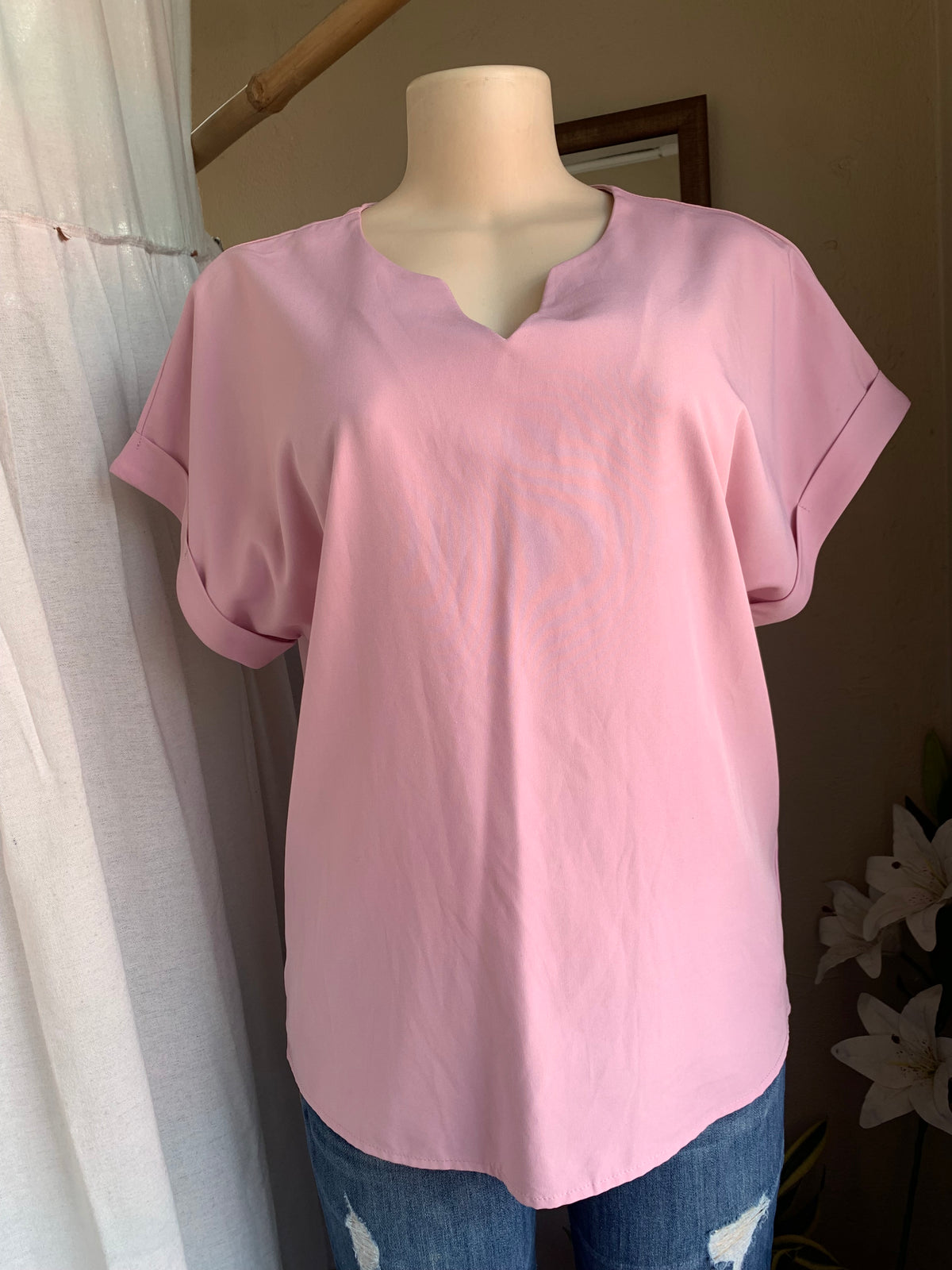 Pink shirt blouse with cuff sleeves … M to L