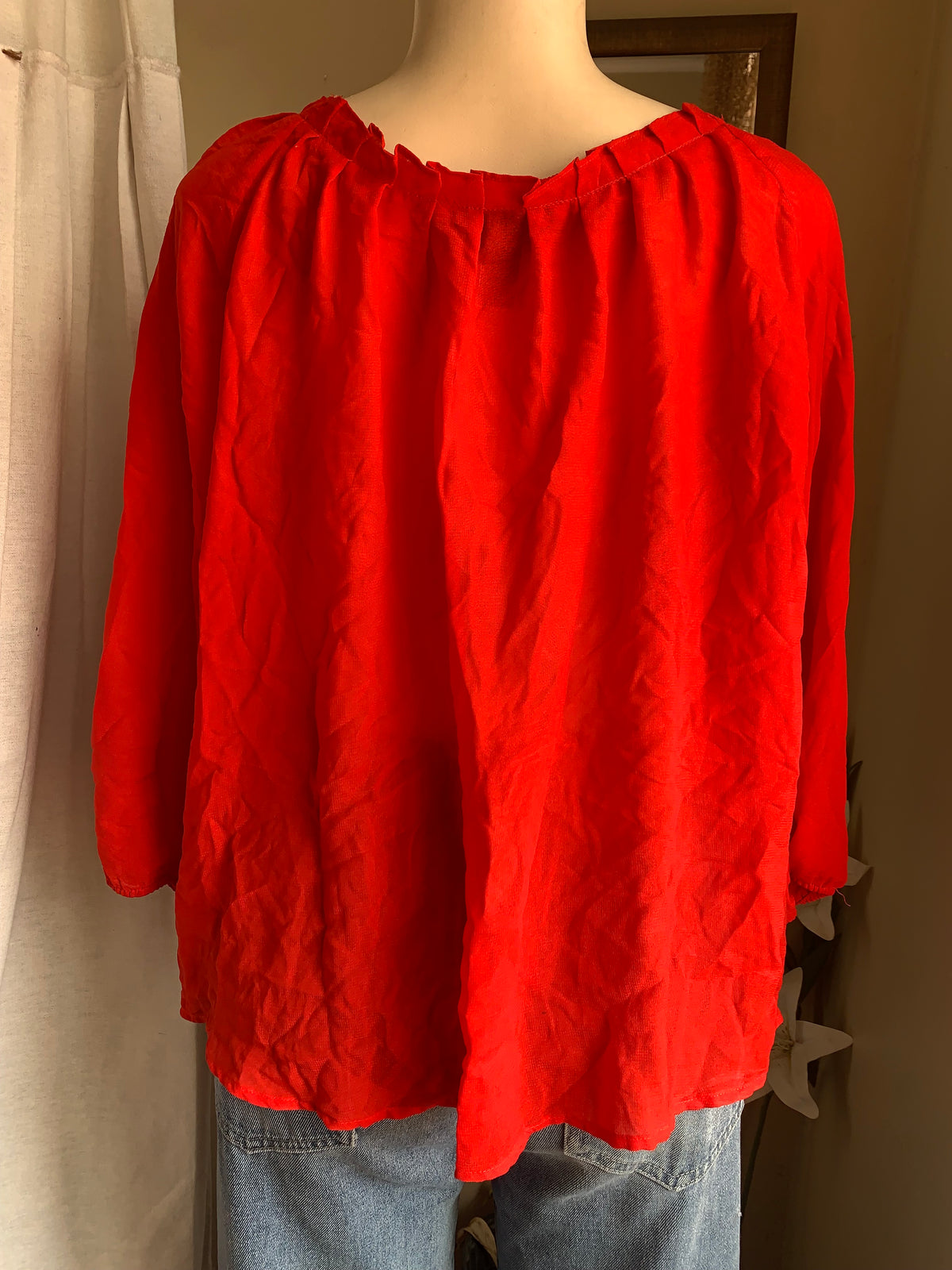red sheer ruffle neck long sleeve top … US 12 /XL