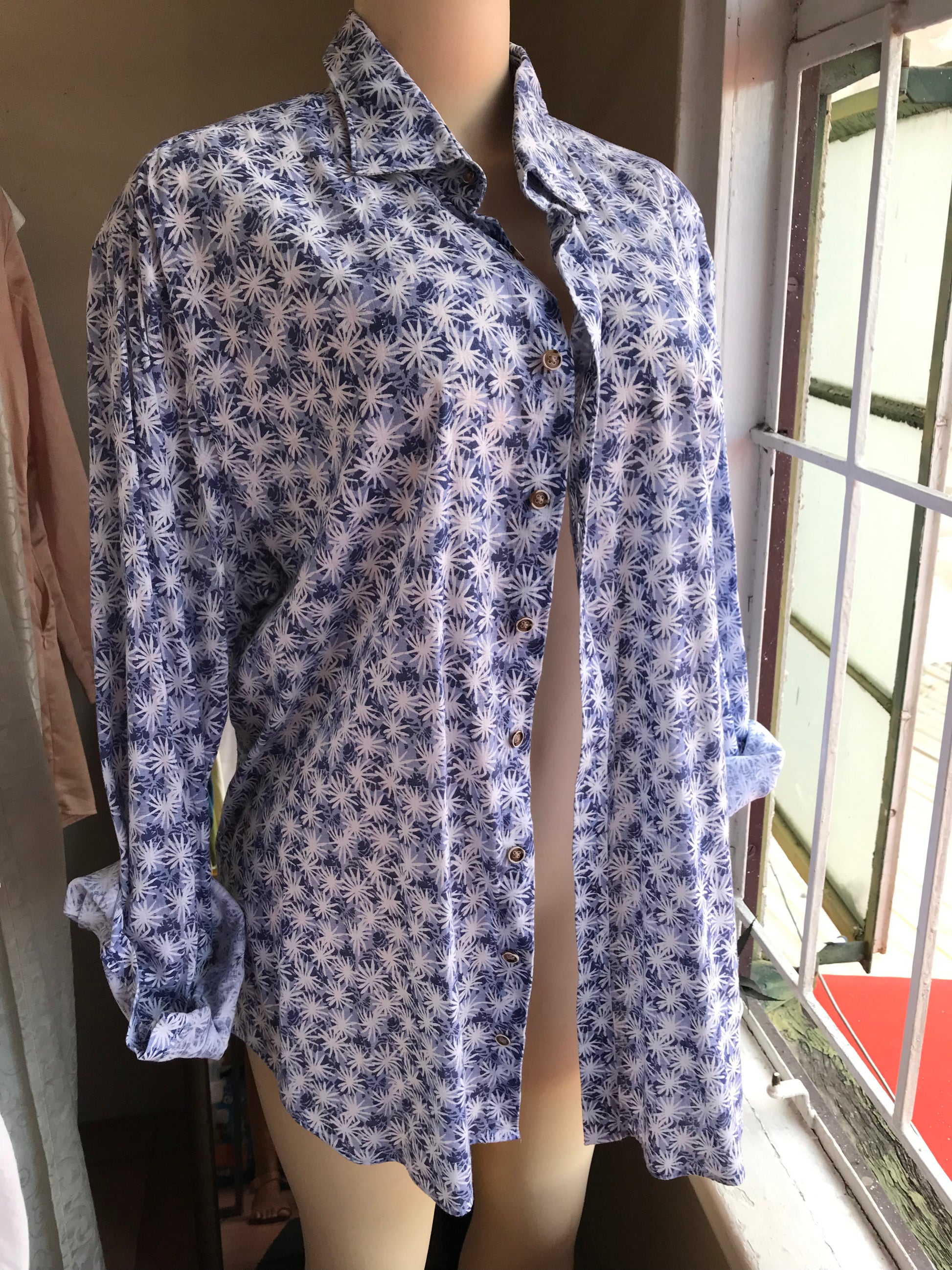 Blue Floral Mens linen shirt... L /XL