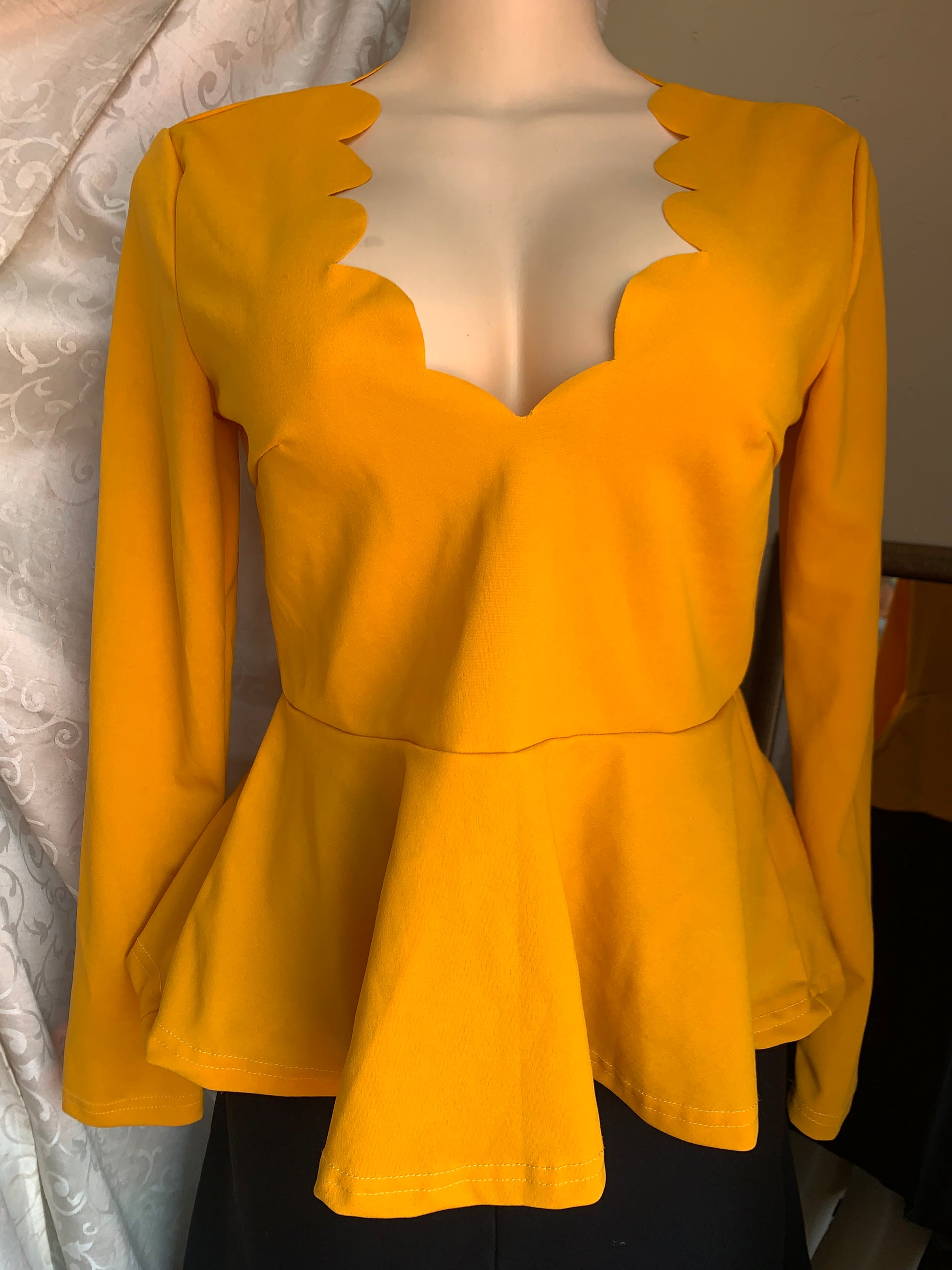Mustard professional peplum blouse with rounded detail neckline… M