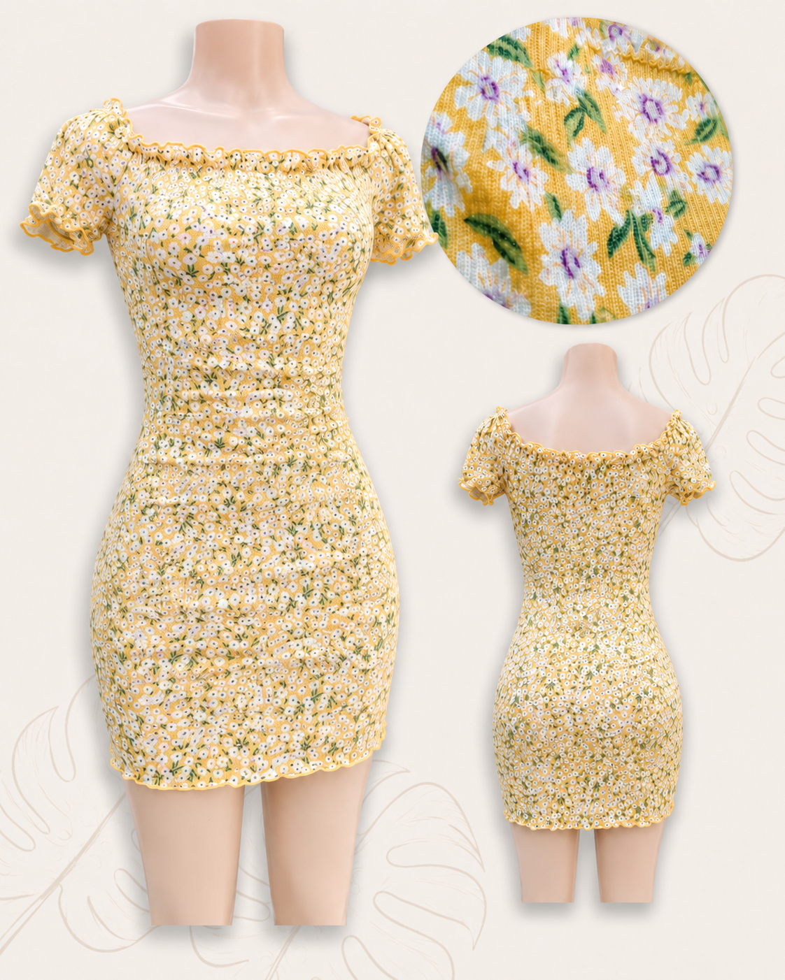 yellow floral bodycon summer dress off the shoulder . large