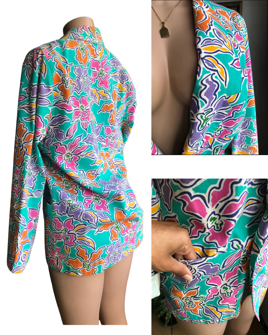80s Vintage teal pop pattern jacket 100% cotton ^^^ S to M ,,,