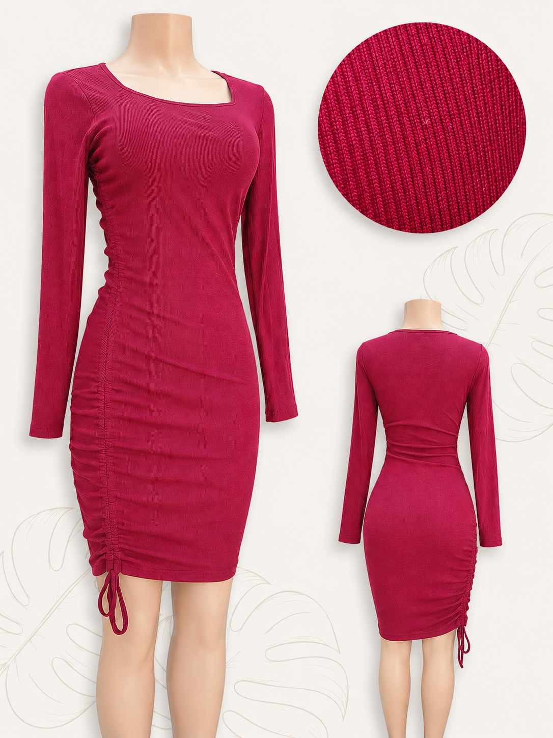 wine ruche bodycon long sleeve knit dress m