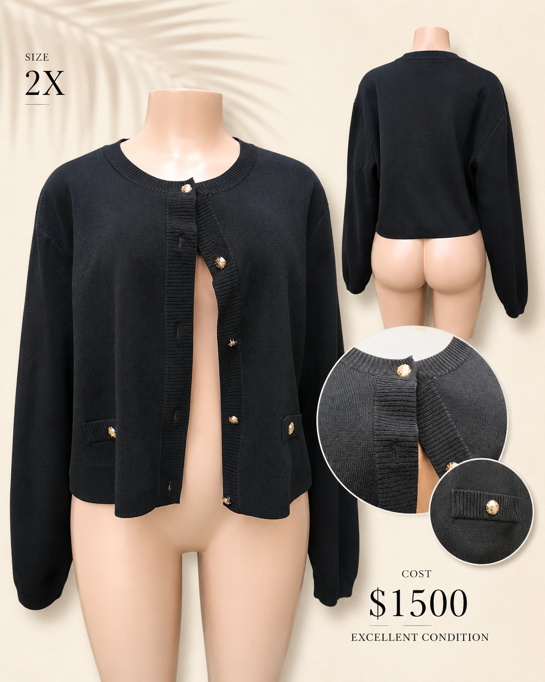 black professional cardigan with gold buttons and pocket >>> plus : 2X