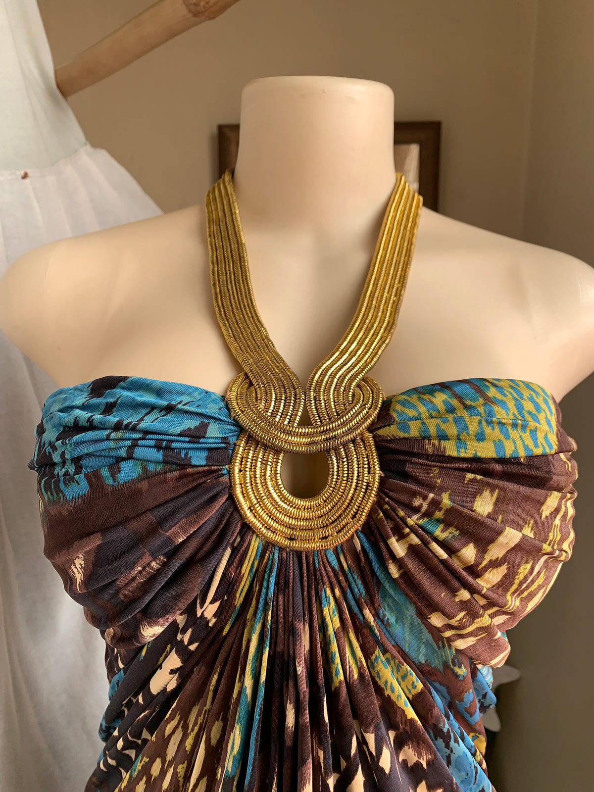 Gold metal detail halter mini dress or top M