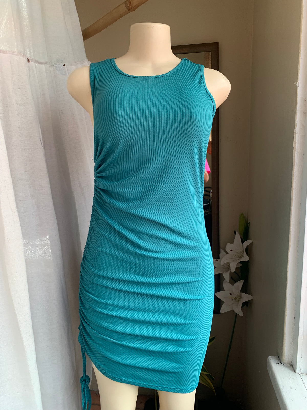 teal ruche bodycon sleeveless dress m