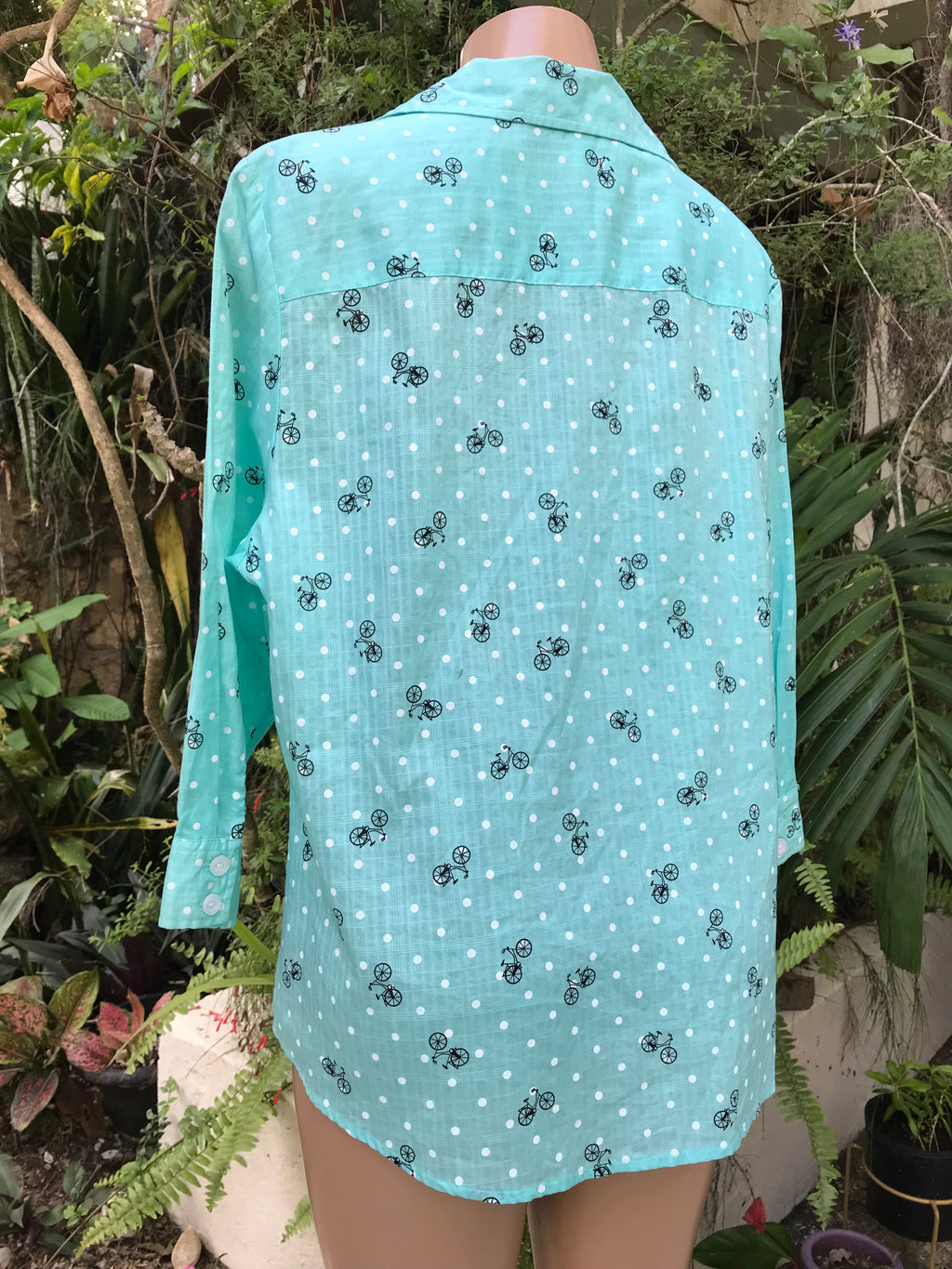 Retro Bicycle Print Teal Button Shirt ^^^ Plus/XL ... 100% Cotton ,,,