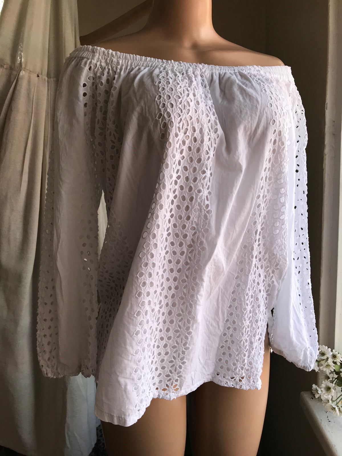 white cotton eyelet top off the shoulder
