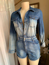 Load image into Gallery viewer, new tag Faded design button up denim romper ~~~ s/m
