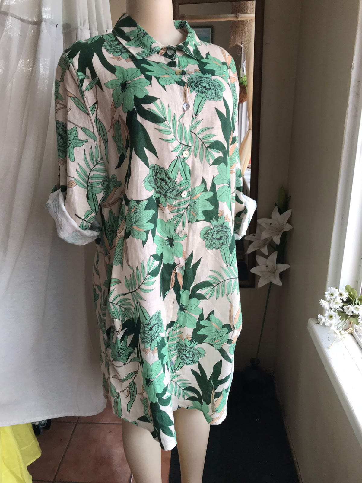 Vintage Linen tropical print button down shirt dress L