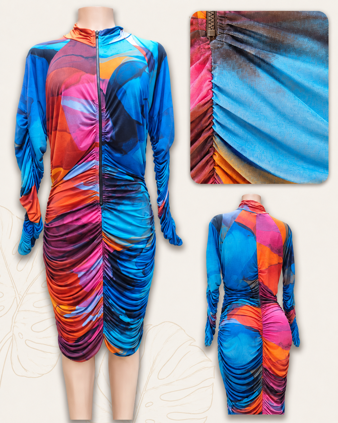 multicolour ruche zip front fitted long sleeve dress . plus /xl