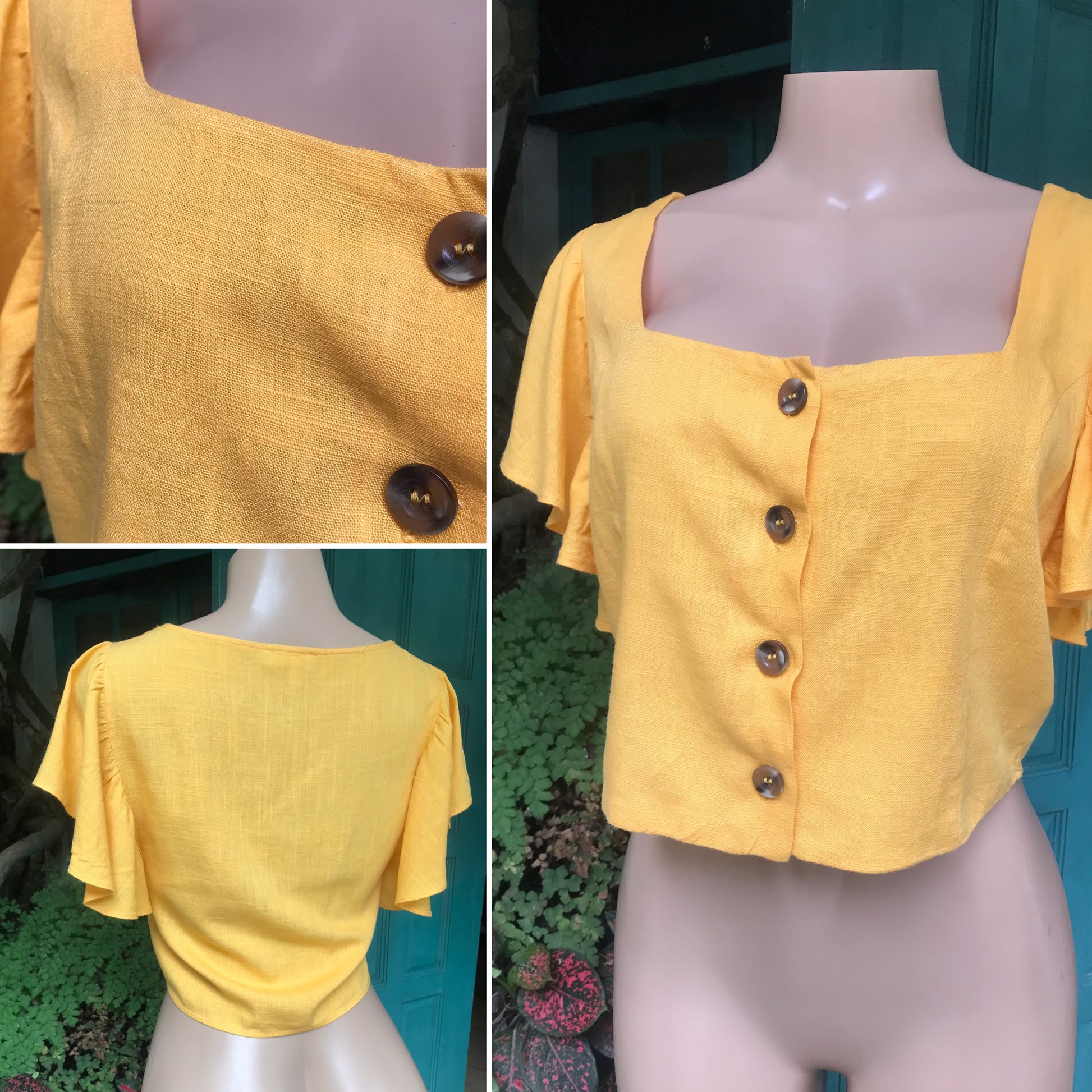 Mustard linen blend button front kimono sleeve top... M ,,,