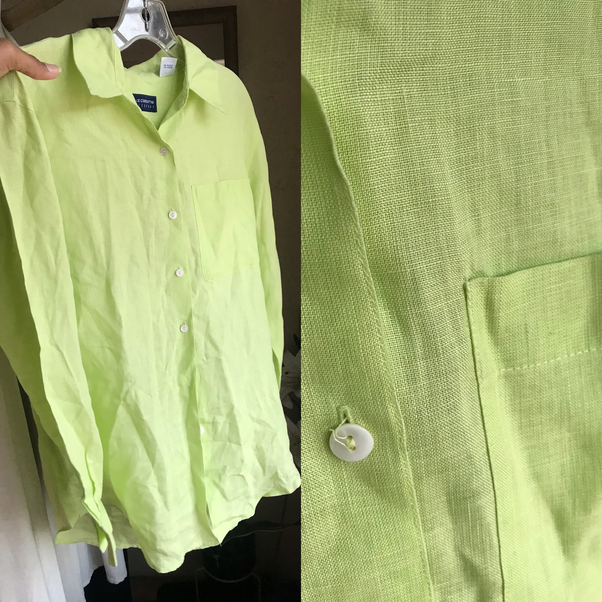 100% linen vintage lime green button shirt ... /xl ,,,