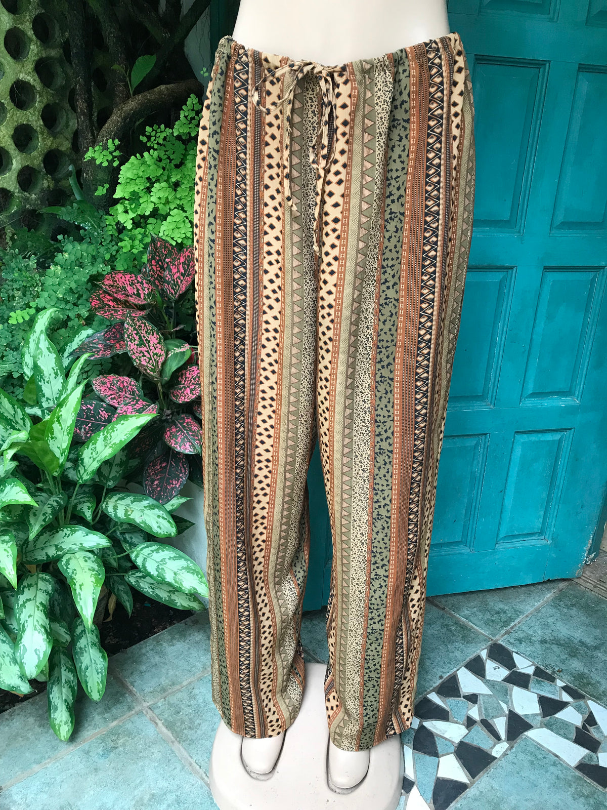vintage Brown multi pattern draw string loose pants ::: one size fits most