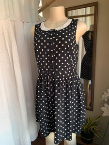 Polka dot B+W sleeveless button dress with back ties L