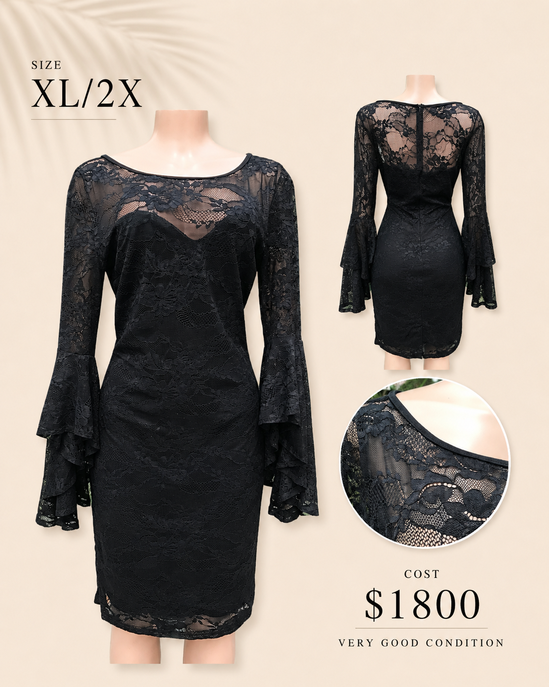 black lace bell sleeve sweetheart fitted dress semi formal . plus : XL / 2X