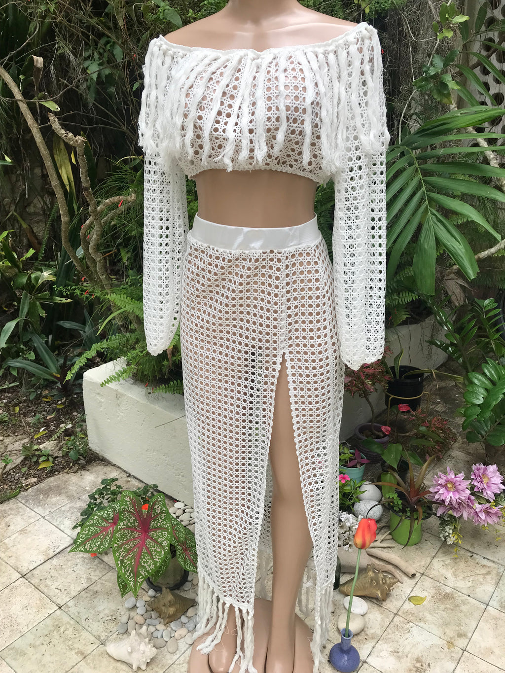 white mesh long tassel skirt set   1 size