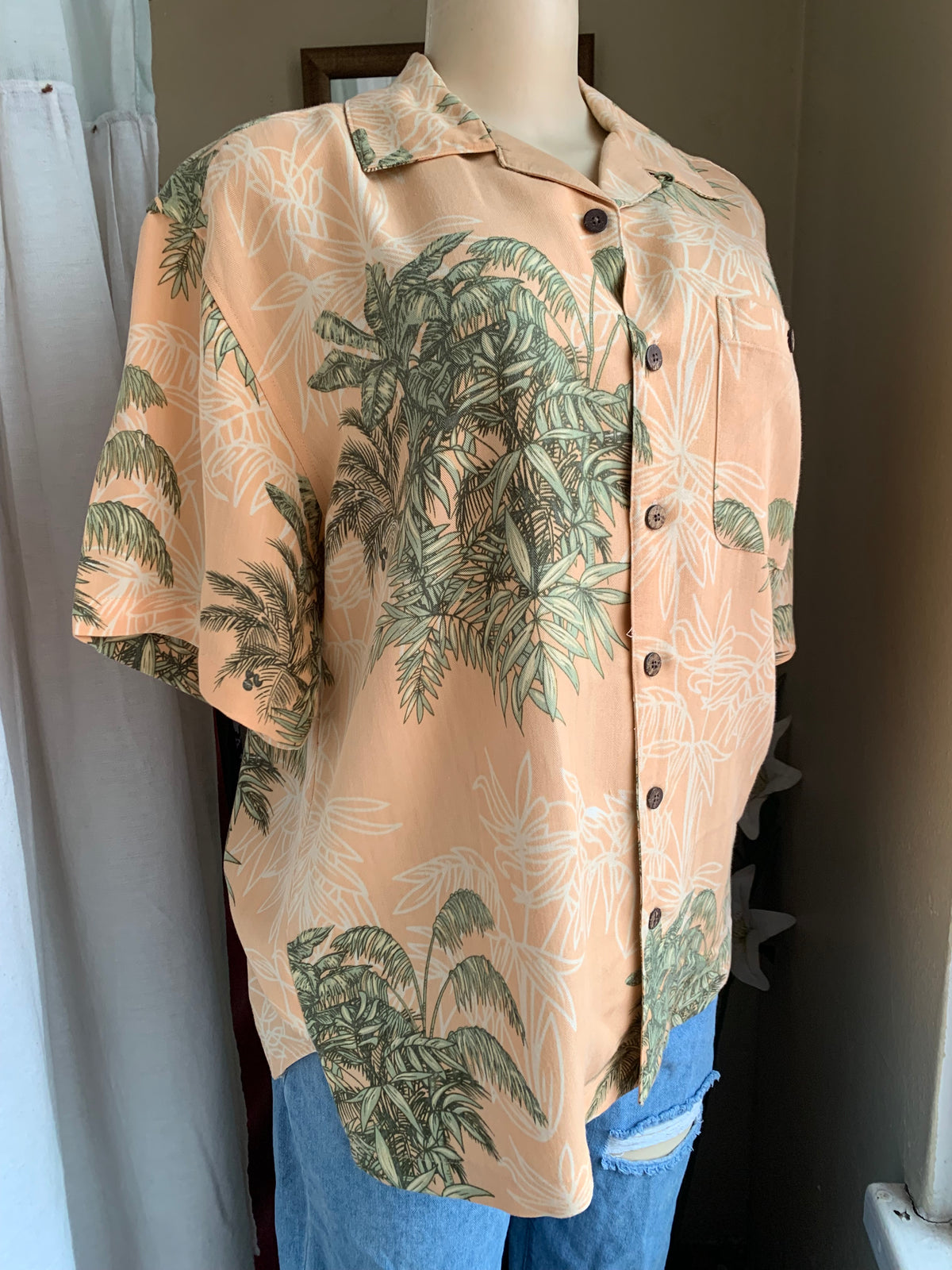 vintage Palm tree pattern peach button down shirt … M ^^^