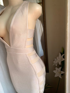 Beige deep V + cut out back bondage style midi dress says s