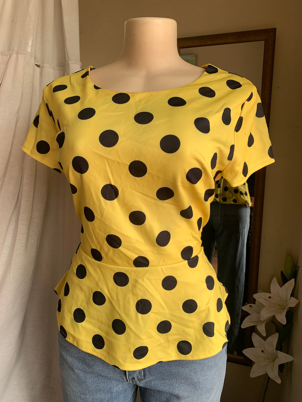 yellow black polka peplum blouse … /XL