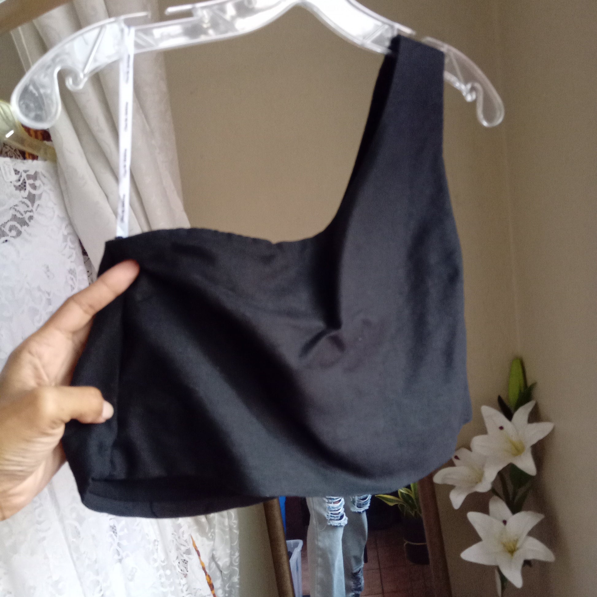 Black linen one shoulder crop top... m
