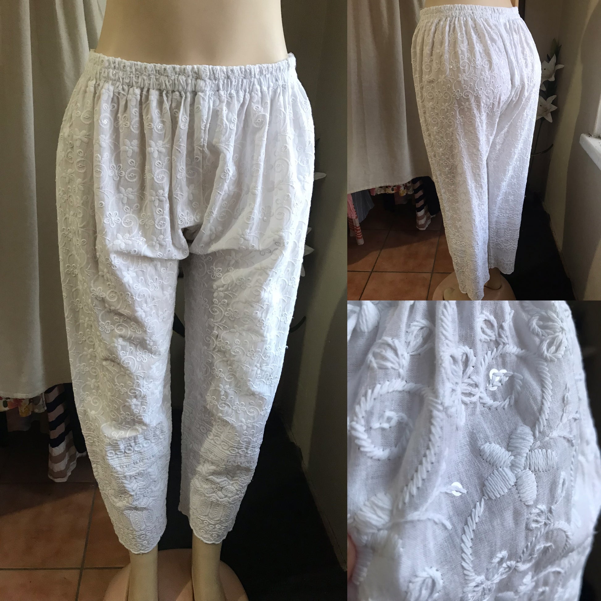white organic harem pant with embroidery and sequins ::: one size fits most ,,,