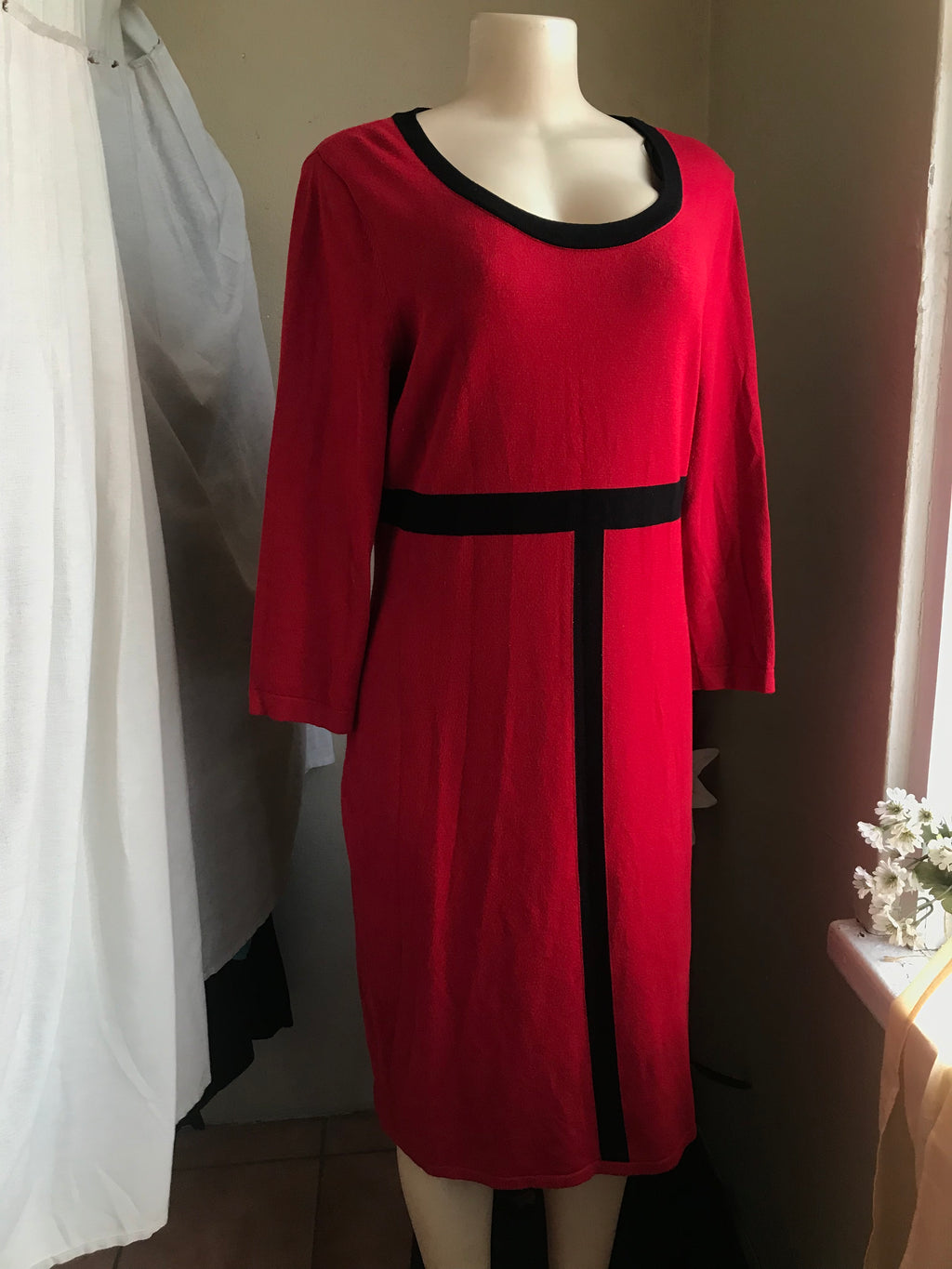Jones NY red retro print stretchy professional dress mid sleeve. L