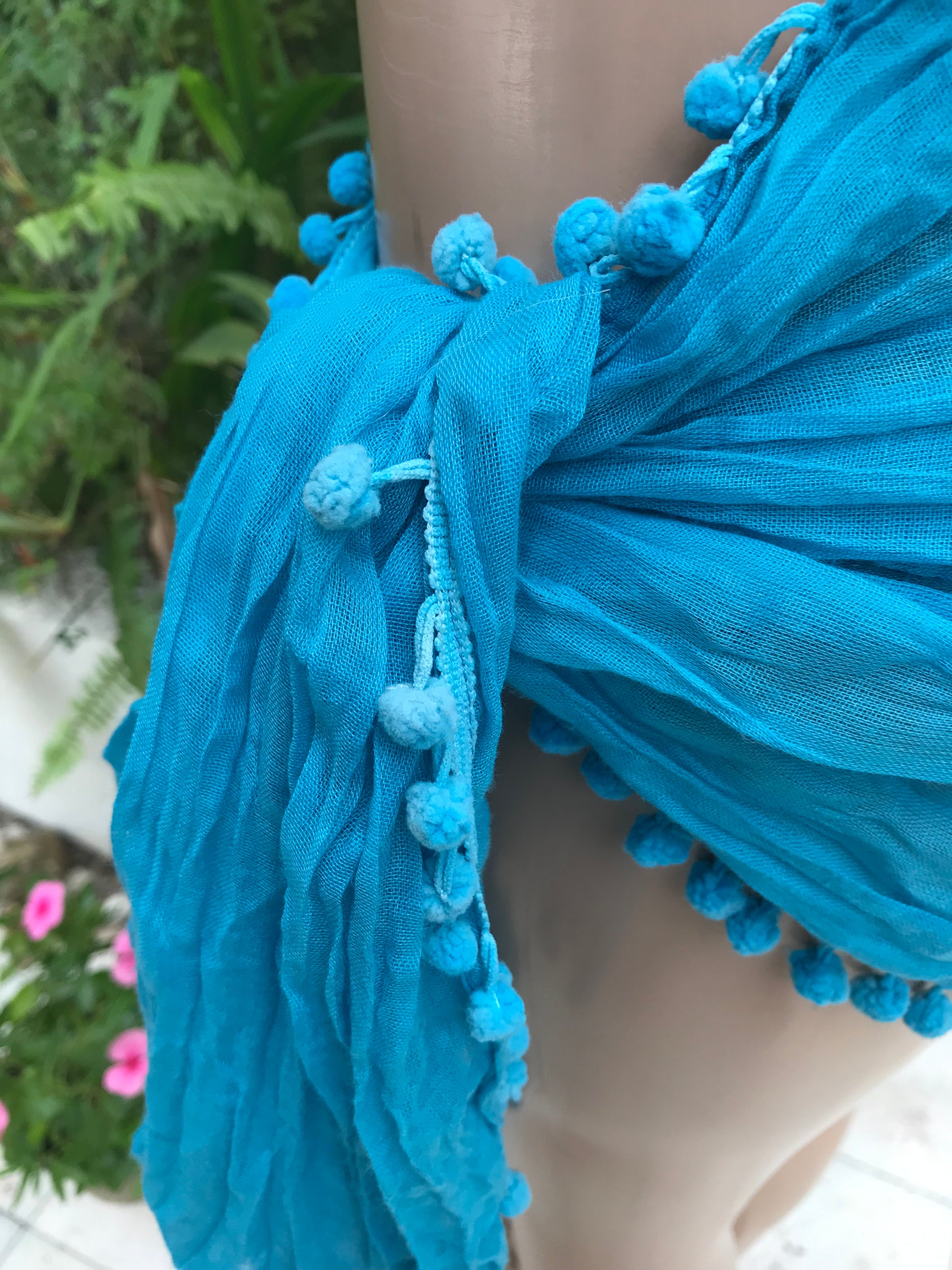 Aqua Blue Summer Pom Pom Scarf / Wrap ***
