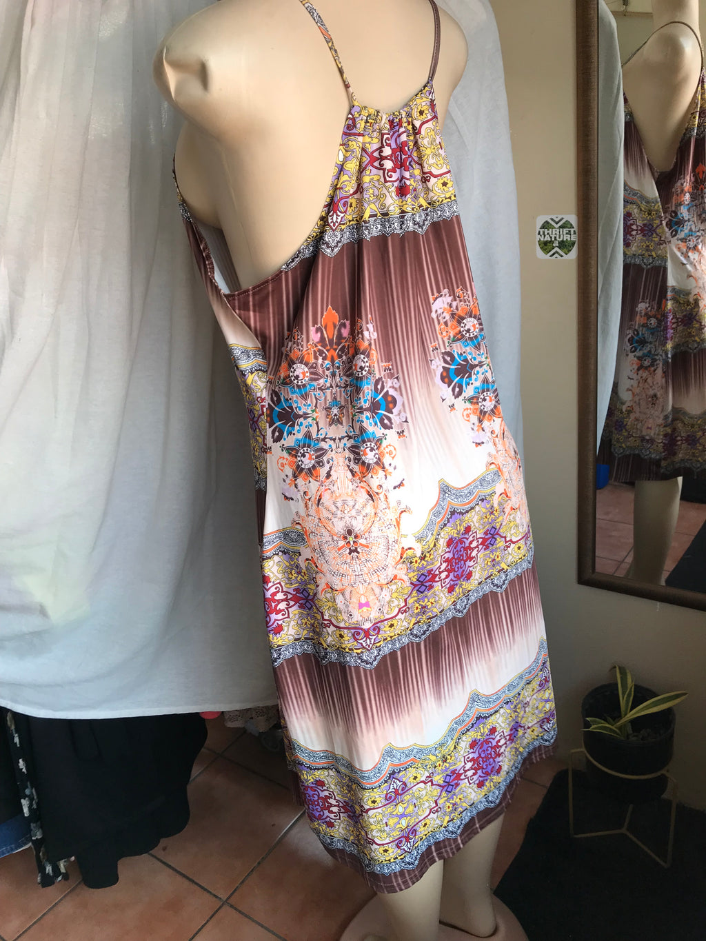 stretchy retro print brown halter dress /xl